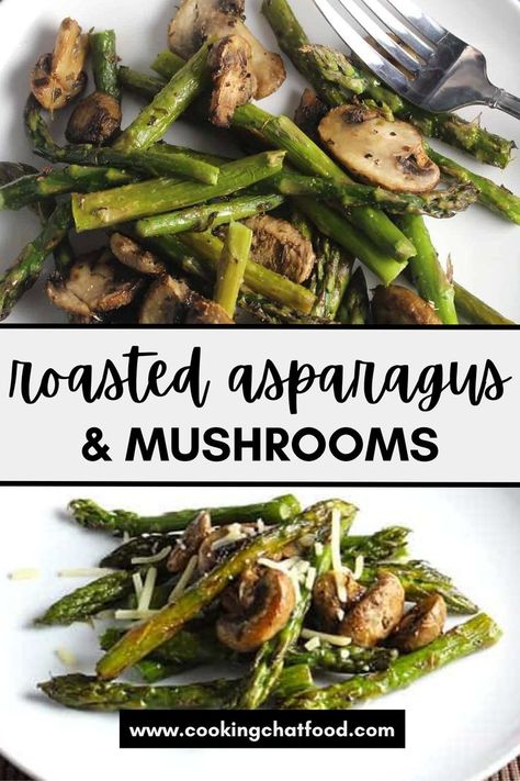 Roasted Asparagus and Mushrooms close up on a white plate. Side Dish With Steak, Roasted Asparagus And Mushrooms, Side Dish Low Carb, Sautéed Asparagus, Easy Mushroom Recipes, Sauteed Asparagus, Saute Asparagus, Mom Breakfast, Asparagus And Mushrooms