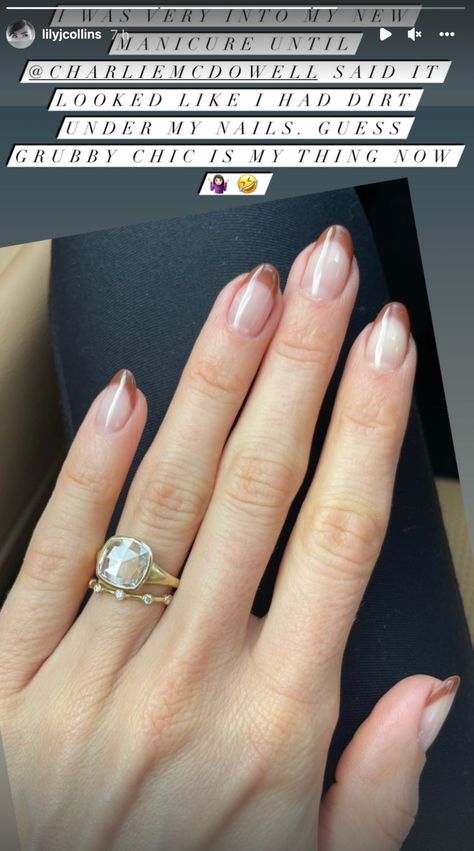 Lily Collins Wedding, Brown French Manicure, Celebrity Manicures, Rose Wedding Rings, New French Manicure, Brown French, Her Aesthetic, Latest Nail Designs, Chic Nail Art