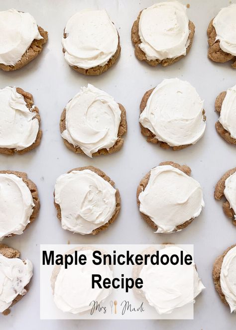 Pin this recipe and bake the most delicious maple snickerdoodles at home!   Click this Pin for the full recipe. Maple snickerdoodle cookies are thick, chewy, browned butter snickerdoodle topped with decadent maple frosting. Maple Snickerdoodle Cookies, Maple Snickerdoodles, Maple Frosting, Snickerdoodle Cookies, Browned Butter, Oatmeal Raisin, Snickerdoodles, Brown Butter, Cookie Bars