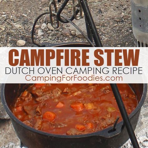 This Campfire Stew Dutch Oven Camping Recipe by CampingForFoodies is so easy and fast to prepare. This simple camping dinner meal simmers over a campfire and that does all the work to make it tender and delicious. #camp #camping #Rv #cooking #recipes #dutchoven #outdoorcooking #easy #simple #dinner #meal #CampingForFoodies Stew Dutch Oven, Camp Oven Recipes, Campfire Dutch Oven Recipes, Campfire Stew, Dutch Oven Beef, Oven Beef Stew, Dutch Oven Camping Recipes, Easy Beef Stew Recipe, Dutch Oven Camping