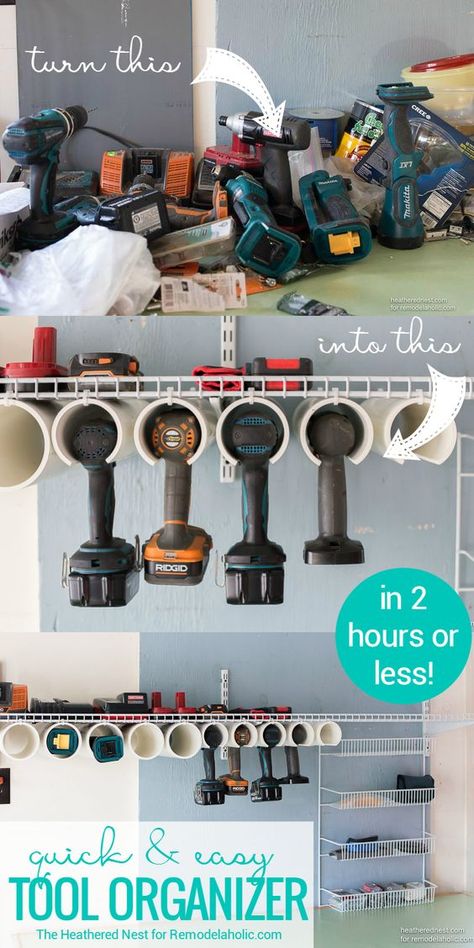 DIY Power Tool Organizer Quick And Easy Tutorial @Remodelaholic Rinnovo Garage, Rifacimento Garage, Officine In Garage, Power Tool Organizer, Garage Organisation, Shed Organization, Garage Organize, Garage Remodel, Garage Work Bench