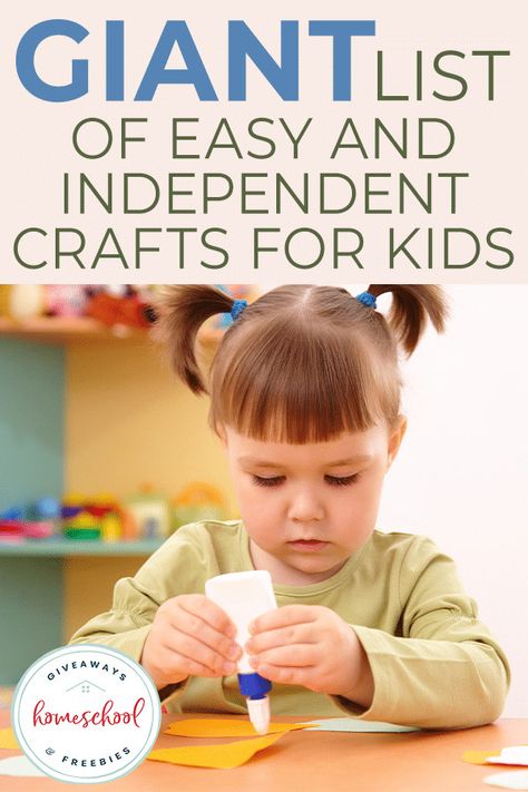 This gigantic list of easy and independent kid crafts are great for when you are stuck inside, to celebrate art and for kids to get creative.  #freehomeschooldeals #fhdhomeschoolers #independentkidcrafts #easykidcrafts #giantlistofcrafts #craftsforkids Independent Preschool Crafts, Independent Crafts For Preschoolers, Independent Crafts For Kids, Preschool Independent Activities, Felt Crafts Kids, Activity Stations, Kids Giveaway, Girls Crafts, Independent Day