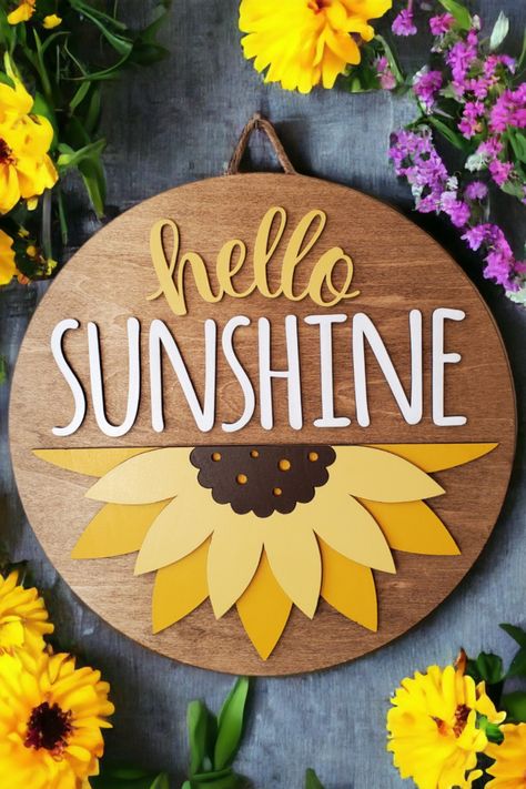 Spring Laser Cut Ideas, Laser Cut Door Hanger, Summer Signs Wooden Diy, Summer Door Hangers Wooden, Laser Creations, Sign For Door, Cricut Signs, Sunflower Door Hanger, Sunflower Door