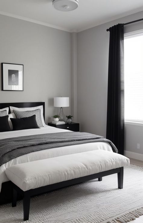 Create a modern and minimalist bedroom by choosing a sleek grey, white, and black color scheme. Incorporate a plush white bedding set, geometric patterned black and white curtains, and add texture with woven black and white rugs and cushions. Black Curtains Bedroom, White Room Decor Bedroom, Black White And Grey Bedroom, Black And White Curtains, Black And White Rugs, Black And Grey Bedroom, White Bedding Set, Modern White Bedroom, Minimalist Bedroom Ideas