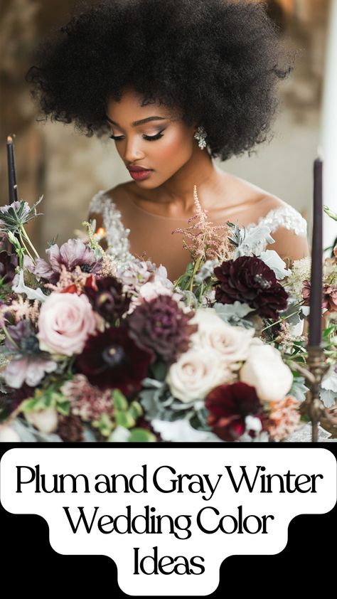 Plum and gray winter wedding decor with elegant table settings and floral arrangements. Plum Wedding Colors Colour Palettes, Plum And Gray Wedding, Gray Wedding Decor, Plum Wedding Colors, Grey Wedding Decor, Winter Wedding Color Ideas, Winter Celebration, Wedding Color Ideas, Winter Wedding Colors