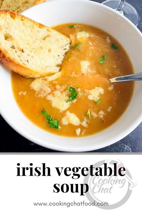 This easy and satisfying Irish vegetable soup combines a variety of common vegetables for a comforting creamy soup. Topped with cheddar cheese, and served with toasted bread it is the ultimate cold weather lunch or dinner recipe! Irish Vegetable Soup Ireland, Vegetable Chowder Recipes, Vegetable Soup Blended, Irish Vegetable Soup Recipes, Pureed Soup Recipes, Puréed Soups, Irish Vegetable Soup, Irish Meals, Veggie Soups