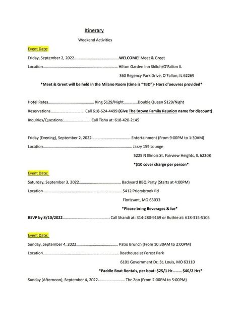 Family Reunion Weekend Itinerary, Family Reunion Itinerary Template, Family Reunion Itinerary, Reunion Activities, Family Reunion Activities, Family Reunion Planning, Reunion Ideas, Weekend Activities, Black Families