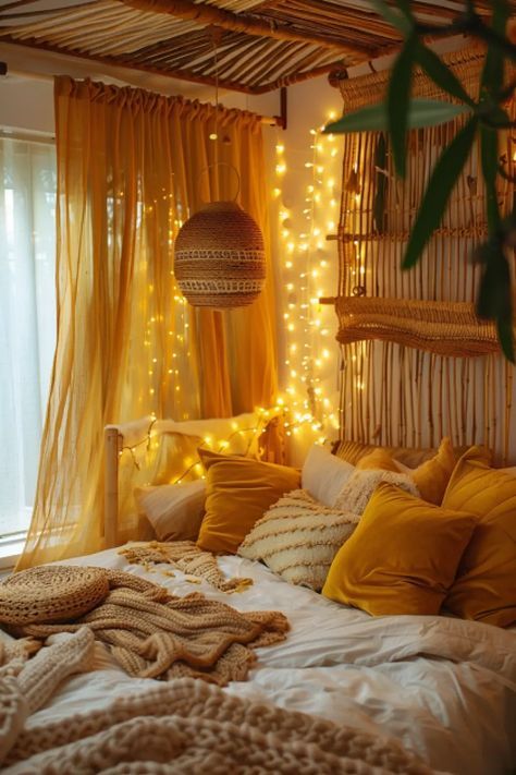 Yellow Apartment Aesthetic, Yellow Room Decor Aesthetic, Boho Bedroom Yellow, Bright Yellow Bedroom, Yellow Themed Bedroom, Yellow And White Bedroom, Yellow Room Aesthetic, Yellow Bedroom Aesthetic, Yellow Boho Bedroom