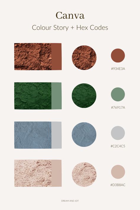 A light beige background with 4 different photos of coloured powder and then their corresponding colours pulled from each and displayed in circles beside the photo with the hex code below each colour. Canva Hex Colors, Brand Color Palette With Hex Codes, Canva Color Codes, Brand Color Palette Hex Codes, Canva Color Palette Codes, Mediterranean Color Scheme, Colour Palette With Hex Codes, Organic Color Palette, January Colors