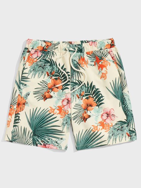 Multicolor Boho Collar  Fabric Tropical Straight Leg Embellished Non-Stretch  Men Bottoms Drawstring Waist Shorts, Boho Fabric, Bandana Hairstyles, Print Shorts, Active Shorts, Loose Shorts, Stretch Shorts, Vacation Beach, Drawstring Shorts