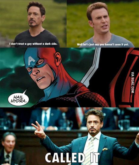 Tony knew it all along <<< I still don't like Hydra-cap :'( Hail Hydra, Superhero Memes, Funny Marvel Memes, Marvel Vs Dc, Avengers Memes, Marvel Jokes, Marvel Vs, Avengers Funny, Marvel Funny