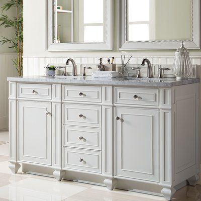 Alcott Hill Lambrecht 60" Double Bathroom Vanity Set Top Thickness: 4 cm, Base Finish: Cottage White, Top Finish: Galala Beige Charcoal Soapstone, Wood Backsplash, Farmhouse Master, Bathroom Vanity Base, James Martin, Double Bathroom, Sink Countertop, Sink Top, Vanity Base