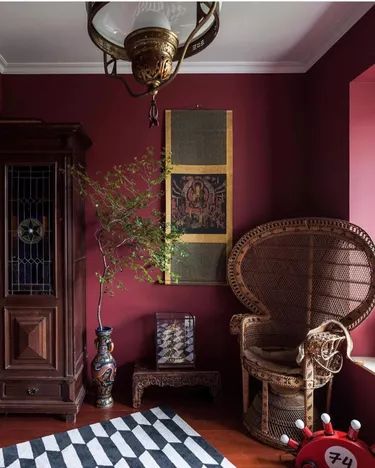 1960s Photography, Maroon Room, Shanghai Apartment, Waterfront Apartment, Maroon Walls, Burgundy Walls, Design Color Trends, Ruby Tuesday, Ford Pinto