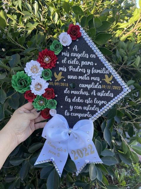 Graduation cap topper with 3d flowers: Floral grad cap with bow Graduation cap with bow Graduation cap design Graduation cap designs Graduation cap decoration Graduation cap First Gen Grad Cap, Decorate Graduation Cap College, Grad Cap Bow, Grad Topper Ideas, 1st Gen Graduation Cap, First Gen Graduation Caps, Grad Cap Ideas Spanish, Bow Graduation Cap, Graduation Cap With Bow