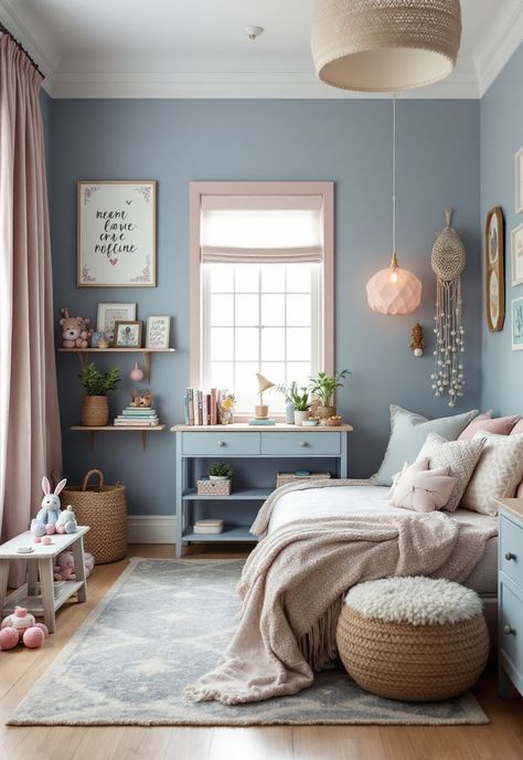 Blue Boho Girls Bedroom Pink Blue And Gray Bedroom, Boho Lilac Bedroom, Periwinkle Room Bedrooms, Girls Blue Room Ideas, Blue Calm Bedroom, Blue Girl Room Ideas, Blue Bedroom Ideas Girl, Blue Bedroom Girl Rooms, Light Blue Bedroom Walls Colour Schemes Color Combinations