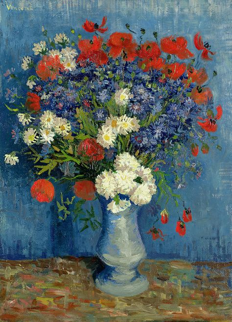 ART & ARTISTS: Vincent van Gogh - Flowers part 2 Painting Of Flowers, Flowers In A Vase, Blue Vase, Vincent Van Gogh, Red White And Blue, Van Gogh, Poppies, Red White, Vase