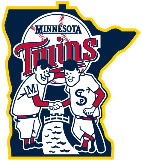 Minnesota Twins Alternate Logo (2002) - Minnie & Paul shaking hands over river on state of Minnesota Clemson Baseball, Target Field, Minnesota Twins Baseball, Twins Baseball, Mlb Logos, Vintage Twins, We Are The World, Minnesota Twins, Twin Cities