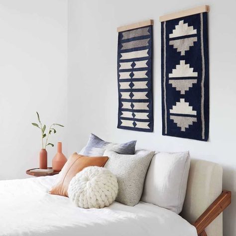 A framed rug is a modern way to add impact to walls. An alternative to prints, a framed rug makes for wall art with texture and style. Image from Pretty Prudent. Rug Hanger, Wood Rug, The Citizenry, Rug Wall Hanging, Rug Wall, Handcrafted Decor, Decoration Originale, Navy Rug, Decoration Inspiration