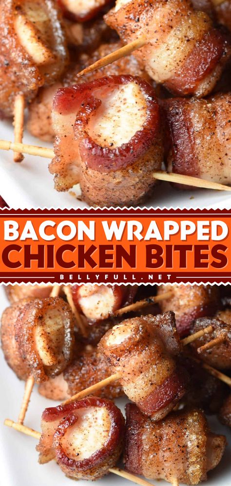 Serve these best bacon wrapped chicken bites as your game day appetizers! This simple chicken bites recipe with brown sugar is savory, salty, sweet, sticky, crispy, you’ll have to force yourself to share, they’re so good. What's not to love? Chicken Bacon Wrap, Bacon Wraps, Bacon Wrapped Chicken Bites, Make Bacon, Sweet Chicken, Bacon Appetizers, Chicken Appetizers, Wrapped Chicken, Holiday Appetizer