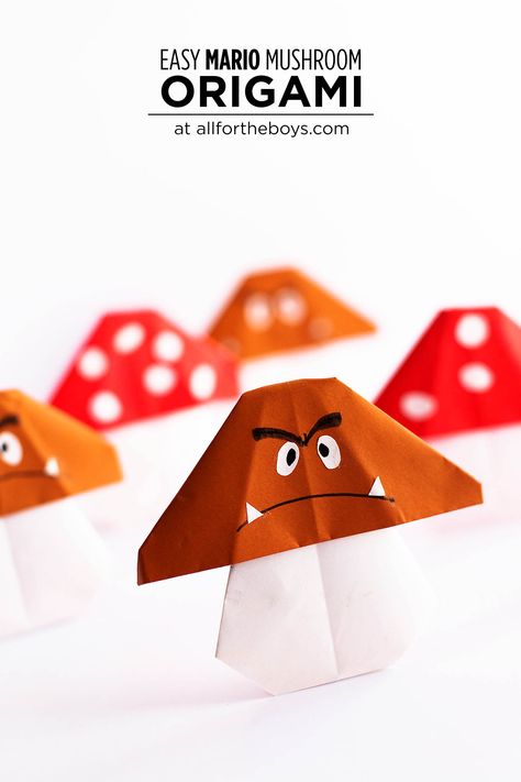 Easy Mario Mushroom origami craft Mario Color By Number, Oragami Ideas Cute, Fun Origami Crafts, Nintendo Crafts, Mario Day, Mario Crafts, Origami Techniques, Mushroom Crafts, Origami Dragon