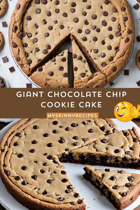 Giant Chocolate Chip Cookie Cake: 🍪 Indulge in a mouthwatering twist on the classic cookie! Cream butter, sugars, eggs, and vanilla, fold in flour, baking soda, salt, and chocolate chips, then press into a pan and bake until golden. Decorate as desired for a show-stopping dessert that's perfect for any celebration. Pin it now for your next baking adventure! 📌 #Giant Chocolate Chip Cookie Cake #myskinnyrecipes Christmas Cookie Cake Decorating Ideas, Big Cookie Cake, Large Cookie Cake, Large Chocolate Chip Cookies, Giant Cookie Recipe, Jumbo Cookies, Big Chocolate Chip Cookies, Giant Cookies, Chip Recipes