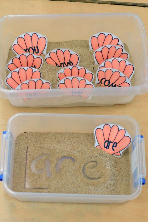 Write words in sand - we dig real shells out of a bucket of sand for graphing and this would be a great LA activity to add to our beach theme! Kindergarten Centers, Math Literacy, Reading Centers, Teaching Literacy, E Mc2, Kindergarten Literacy, Word Activities, Tracing Worksheets, Kindergarten Reading