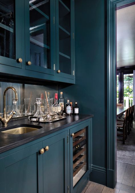 Black Countertops Teal Cabinets, Wet Bar Countertops, Teal Butlers Pantry, Teal Kitchen Cabinets Black Counter, Deep Teal Cabinets, Deep Blue Green Kitchen Cabinets, Deep Teal Kitchen Cabinets, Black Teal Paint, Black And Teal Kitchen