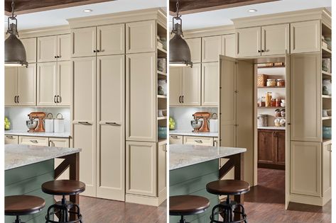 Yorktowne Cabinetry | Walk-In Pantry Walk In Pantry With Fridge, Pantry With Fridge, Tall Pantry Cabinet, Pantry Doors, Messy Kitchen, Kitchen Cabinet Drawers, Cabin Kitchens, Pantry Door, Pantry Design