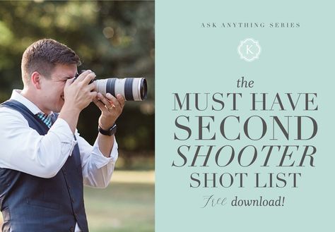 The Must Have Second Shooter Shot List FREE Download by Katelyn James Photography Wedding Photography List, Photography List, Wedding Shot List, Wedding Photography Checklist, Katelyn James, Shot List, Professional Wedding Photography, Wedding Photography Tips, Wedding Day Timeline