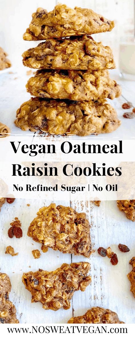 Vegan Oatmeal Raisin Cookies (Oil-Free & Refined-Sugar-Free) Soft, chewy, and full of flavor, these Vegan Oatmeal Raisin Cookies make a delicious dessert--or a healthy breakfast. Since they're oil and refined sugar-free you can feel good about eating them any time of day! Wfpb Oatmeal Cookies, Oil Free Vegan Breakfast Cookies, Healthy Vegan Breakfast Cookies, Wfpbno Recipes, Healthy Slices, Vegan Oatmeal Raisin Cookies, Oatmeal Raisin Cookies Healthy, Nutritarian Recipes, Vegan Oatmeal Cookies