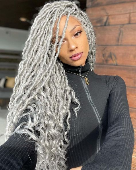 Silver Locs, Grey Box Braids, Best Crochet Hair, Grey Hair Braids, Curly Faux Locs, Faux Locs Hairstyles, Locs Hairstyles, Goddess Braids, Box Braids Hairstyles