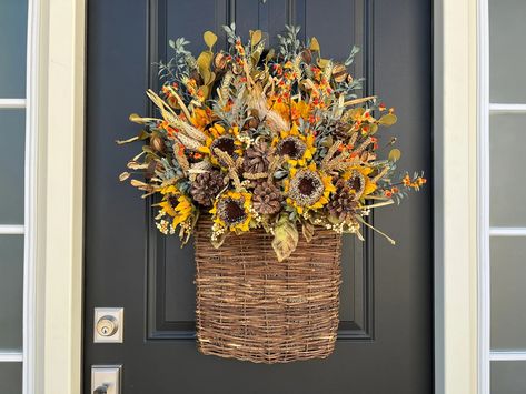 Fall SUNFLOWER Basket for Front Door Rustic Farmhouse Fall - Etsy Sunflower And Peony, Front Door Basket, Twig Basket, Front Door Baskets, Door Basket, Fall Decor Wreaths, Wreath Hangers, Basket Wreath, Fall Gathering