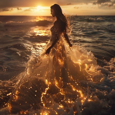 Bathed in the golden glow of sunset, a vision in gossamer and glimmer emerges from the surf. She moves with the grace of the tides, her dress a cascade of celestial sparkle merging with the sea's froth. This isn't just a moment; it's a memory sculpted by light and water, a testament to the beauty that thrives at the edge of earth and ocean. 🌅✨🌊 Water Angel Aesthetic, Summer Goddess Aesthetic, Dress With Lights, Goddess Of Dreams, Sun Mermaid, Queen Of Light, Dramatic Pictures, Water Goddess, Light Up Dresses