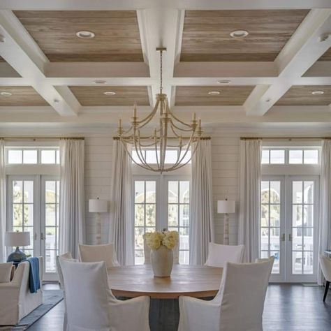 Coffered Ceiling Ideas, Wood Coffered Ceiling, Coffered Ceiling Design, Pitched Ceiling, Ceiling Ideas, Classic Living Room, Rustic Stone, Beach House Interior, Mississippi State