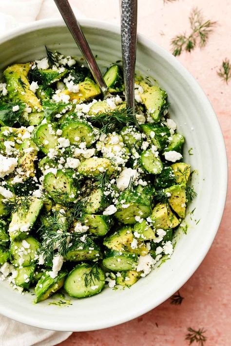 Lemon Feta Salad, Feta Cucumber Avocado Salad, Lemon Dill Salad, Cucumber Feta Dill Salad, Dill Dinner Recipes, Vegan Dill Recipes, Appetizer Salad Recipes, Cucumber Tomato Salad Feta, Creamy Salad Recipes