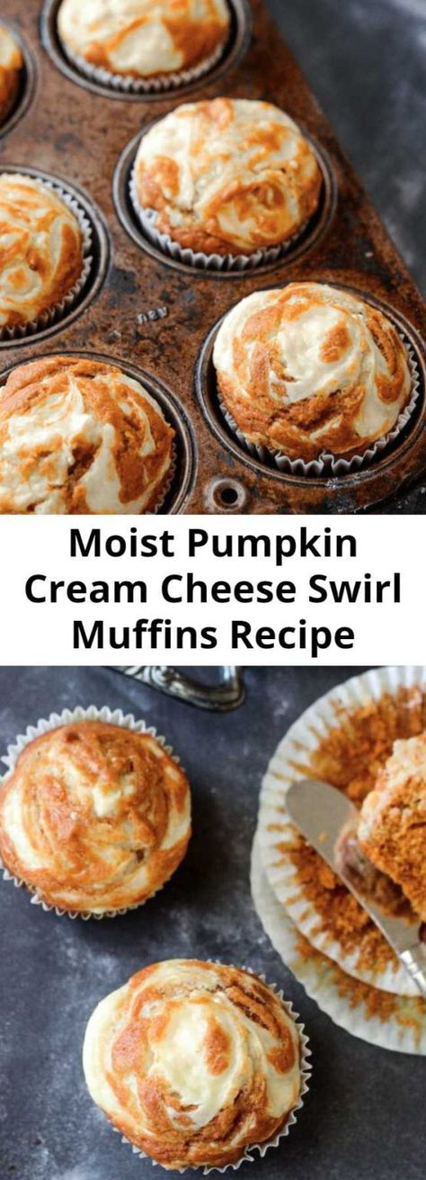 Moist Pumpkin Cream Cheese Swirl Muffins Recipe - Moist spiced pumpkin muffins are topped with sweet cream cheese that melts into them as they bake and only take 30 minutes! Pumpkin Cream Cheese Mini Muffins, Pumpkin Cheesecake Muffins Easy, Pumpkin Muffins Cream Cheese Frosting, Pumpkin Swirl Muffins, Pumpkin Cream Cheese Swirl Muffins, Cheesecake Muffin Recipes, Pumpkin Cream Cheese Swirl Muffins Recipe, Cream Cheese Pumpkin Muffins, Thanksgiving Muffins