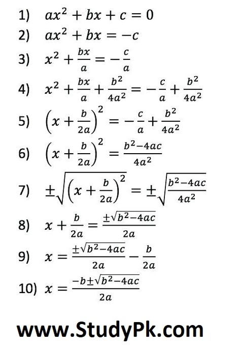 Math: Deriving the Quadratic Formula: Complete the Square to derive the Quadratic Formula Example Of A Quadratic Function Math Quadratic Function Math Term Definition Quadratic Equations Formula, Formulas Of Maths, Square Formula, Function Math, Quadratic Function, Math Examples, Functions Math, Math Formula Chart, Algebra Formulas