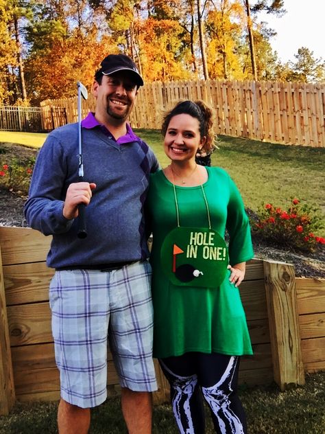 Hole in one! Halloween costume Hole In One Halloween Costume, Holloween Costume Ideas For Pregnant Couples, Funny Pregnant Couple Halloween Costumes, Costumes When Pregnant, Diy Couples Costumes Pregnant, Couples Costume Pregnant Maternity Halloween, Halloween Costumes Diy Couples, First Halloween Costumes, Pregnant Halloween Costumes