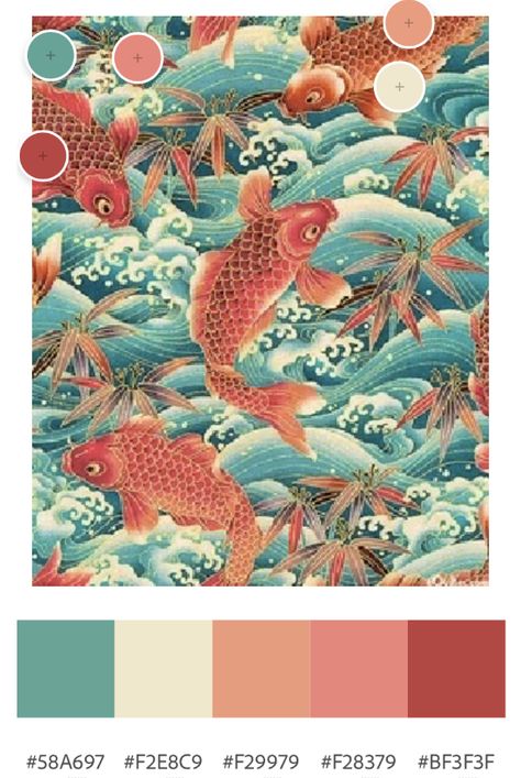 Asian Colors Palette, Koi Pond Color Palette, Japanese Colors Palette, Chinese Color Palette Inspiration, Asian Colour Palette, Koi Fish Color Palette, Koi Color Palette, Japanese Art Color Palette, China Color Palette