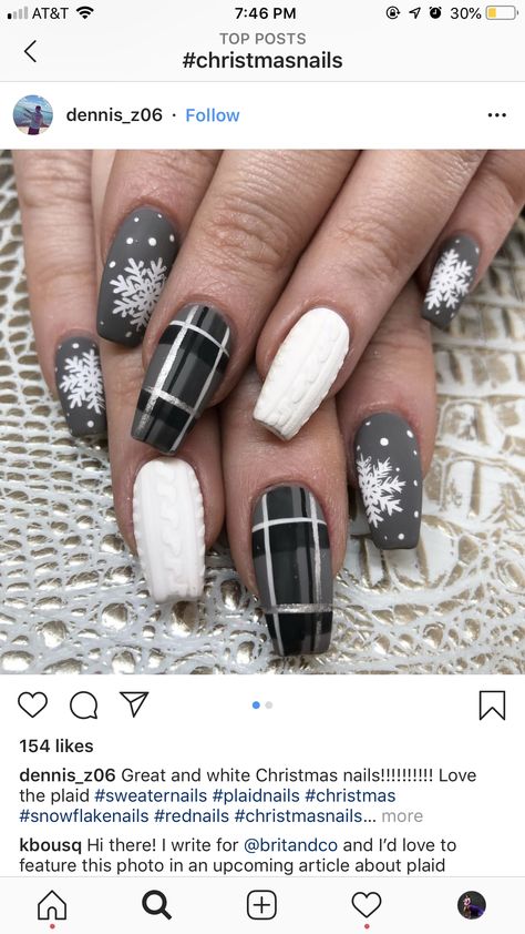 Grey Sweater Nails Designs, Winter Nail Designs Black, Grey Winter Nails Acrylic, Short Coffin Shape Nails Winter, Plaid Christmas Nail Designs, Plaid And Sweater Nails, Winter Marble Nails, Gray Sweater Nails, Square Acrylic Nails Designs Winter