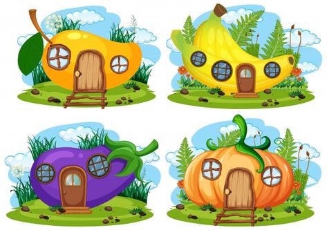 Set of fantasy houses in form of eggplant, pear, cupcake, mushroom, apple, strawberry, watermelon and lemon. colorful flat illustration | Premium Vector Watermelon And Lemon, House Cartoon, Watercolor Art Journal, Cartoon Monkey, Beautiful Farm, Cottage Art, 2d Character, House Drawing, Cute Fruit