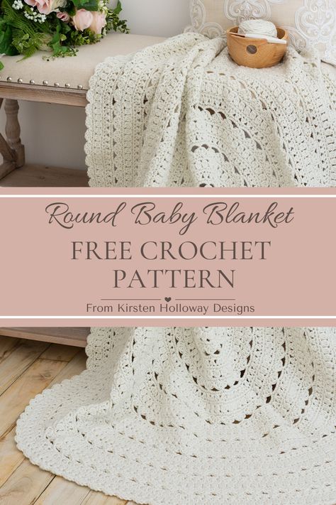 Beautiful circular baby blanket draped over a vintage side table. It's a neutral white color and is crochet from a free crochet pattern that's available in 5 sizes. Blanket Designs Crochet, Bohemian Baby Blanket Crochet Pattern, Crochet Lacy Blanket Pattern Free, Circle Crochet Pattern Blanket, Blessing Blanket Crochet, Circular Blanket Crochet Pattern, Circle Crochet Pattern Free, Kristen Holloway Designs, Speckled Yarn Crochet Patterns