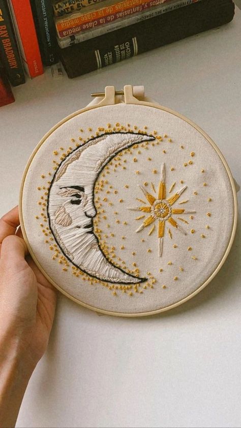 Moon And Sun Embroidery, Embroidery Sun And Moon, Sun Moon Embroidery, Sun Embroidery Pattern, Embroidery Inspiration Simple, Cool Embroidery Ideas, Embroidery Simple Design, Moon Embroidery Pattern, Sun And Moon Embroidery