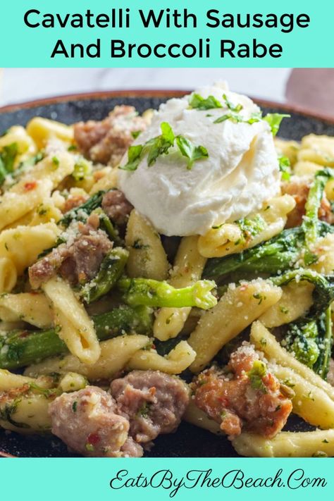 CAVATELLI WITH SAUSAGE AND BROCCOLI RABE - Eats by the Beach Cavatelli Sausage And Broccoli Rabe, Pasta With Sausage And Broccoli Rabe, Broccoli Rabe Recipes Sausage, Recipes With Cavatelli Pasta, Sausage And Broccoli Rabe Pasta, Cavatelli And Broccoli Sausage, Broccoli Rabe And Sausage Pasta, Cavatelli Recipe Dinners, Sausage Cavatelli