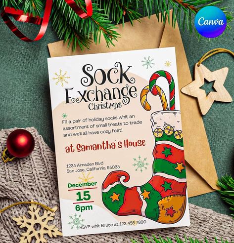 Sock Exchange Christmas invitations = Stocking Swap Party, Invitation to edit e print. Exchange your ugly socks with friends and family. de GarciaStudiox en Etsy Sock Exchange Ideas, Holiday Sock Exchange Ideas, Sock Christmas Gift Exchange, Christmas Sock Exchange, Christmas Sock Exchange Ideas, Christmas Sock Exchange Ideas For Women, Stocking Exchange Ideas, Invitation To Create, Friend Christmas Party