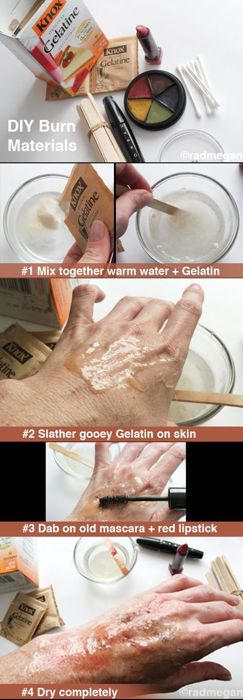 Using the gelatin for more than fake blood... hmmm... bet it would be easier on the kids than the latex. Halloweenský Makeup, Easy Home Recipes, Party Make-up, Horror Make-up, Zombie Walk, Special Fx Makeup, Horror Makeup, Zombie Makeup, Theatrical Makeup