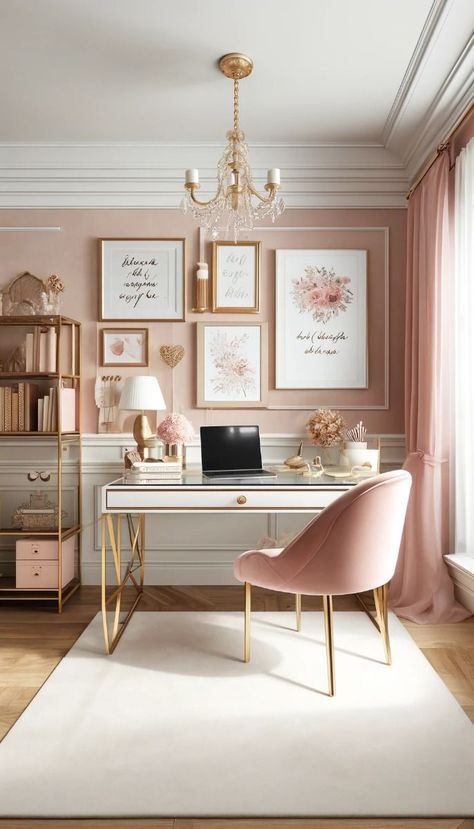 Pink Home Office, Pink Office Decor, Feminine Office, Feminine Home Offices, Office Decor Ideas, زجاج ملون, Cozy Home Office, Pink Office, Office Room Decor