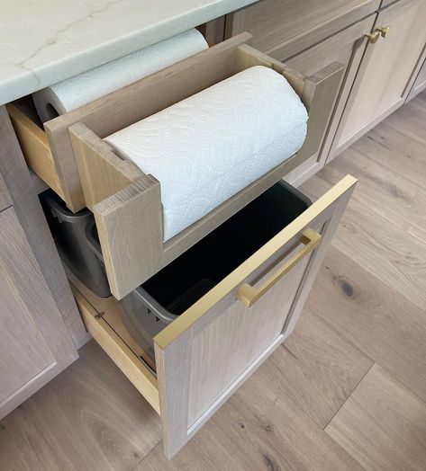 Paper Towel Drawer and Base Recycling Center Combo - Dura Supreme Cabinetry Paper Towel Drawer, Towel Drawer, White Oak Kitchen, Cleaning Cabinets, Cabinet Door Styles, Recycling Center, Cabinet Finishes, Oak Kitchen, Oak Cabinets