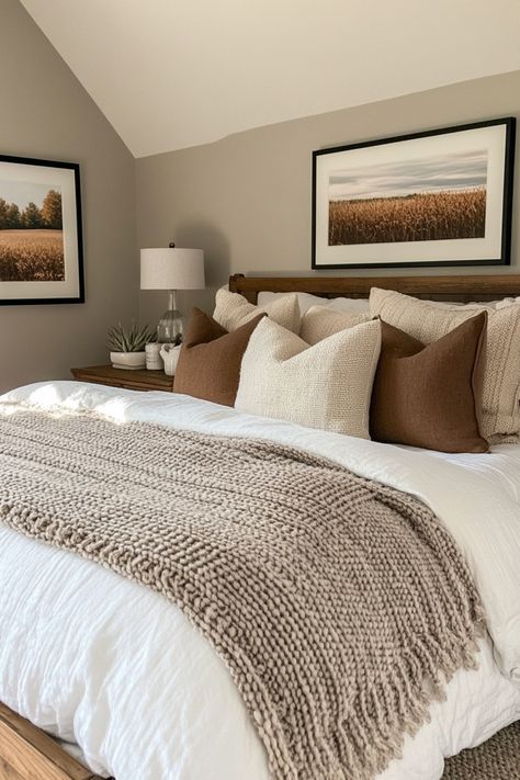 Farmhouse Guest Bedroom Bedding, Layered Bedding Ideas Farmhouse, Brown Leather Bedroom Ideas, Small Woods Pictures Bedroom, Modern Minimalist Guest Bedroom, Bedding Ideas Neutrals, Guest Bedroom Ideas With Daybed, Gray White And Brown Bedroom, Metal Bed Styling