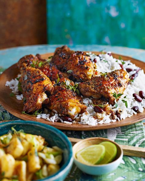 We've made this Jamaican favourite a little bit more special with a fabulous homemade jerk marinade, coconut rice and and a fresh pineapple salsa – wonderful fare for the weekend. Rice Calories, Chicken With Coconut Rice, Jerk Chicken And Rice, Pineapple Salsa Recipe, Jerk Marinade, Jerk Chicken Recipe, Chicken And Rice Recipe, Jamaican Jerk Chicken, Rice And Peas